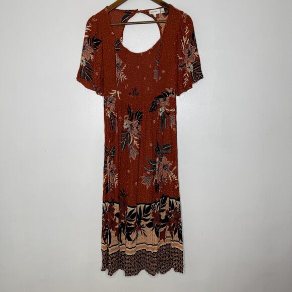 Bohme Dress Womens Small Rust Orange Floral Midi Short Sleeve Boho 100% Rayon - Picture 1 of 9